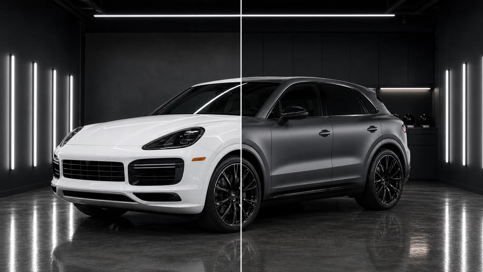 Before and after luxury SUV satin charcoal wrap transformation